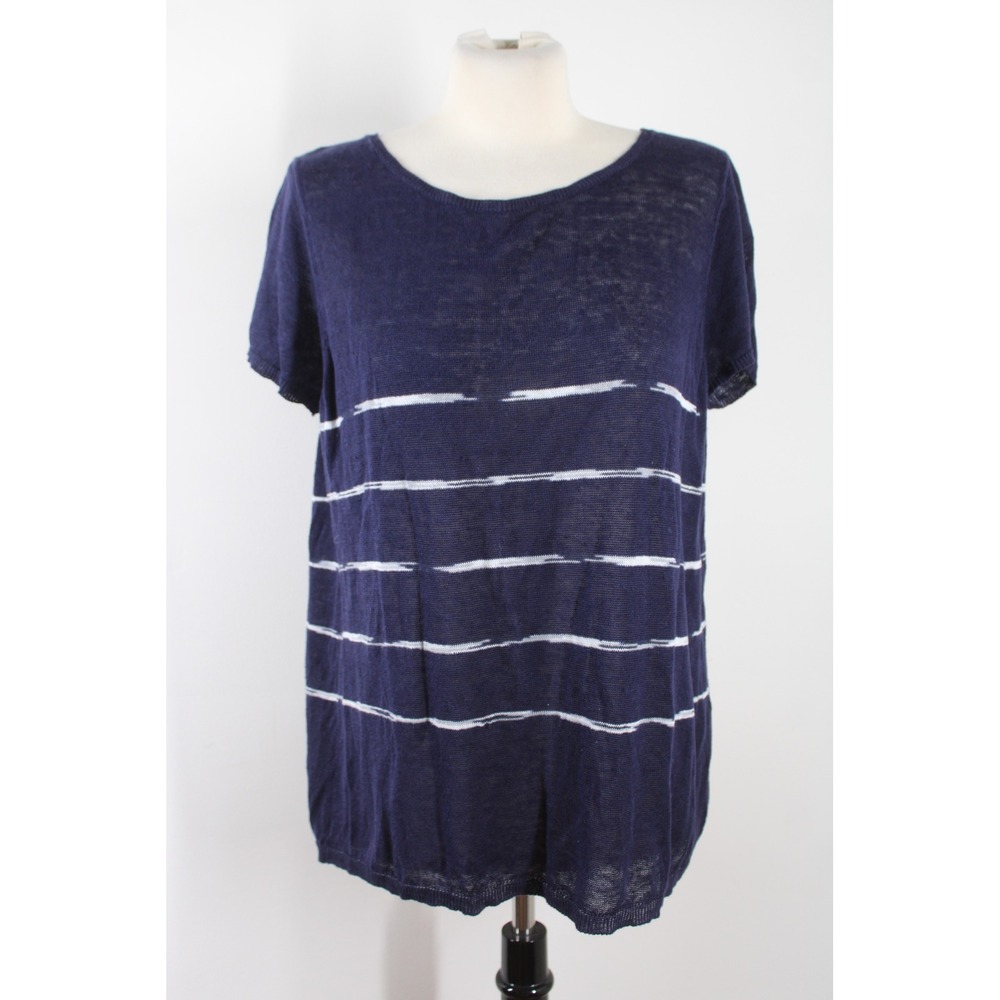 Eileen Fisher XL Navy Blue Organic Linen Striped Short Sleeve Knit Top